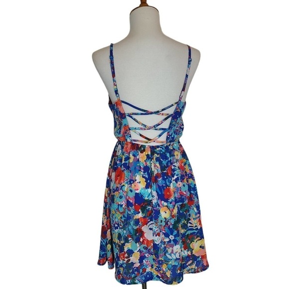 Aqua Blue Multicolor Floral Fit & Flare Mini Dress xSmall Preowned - Picture 3 of 8